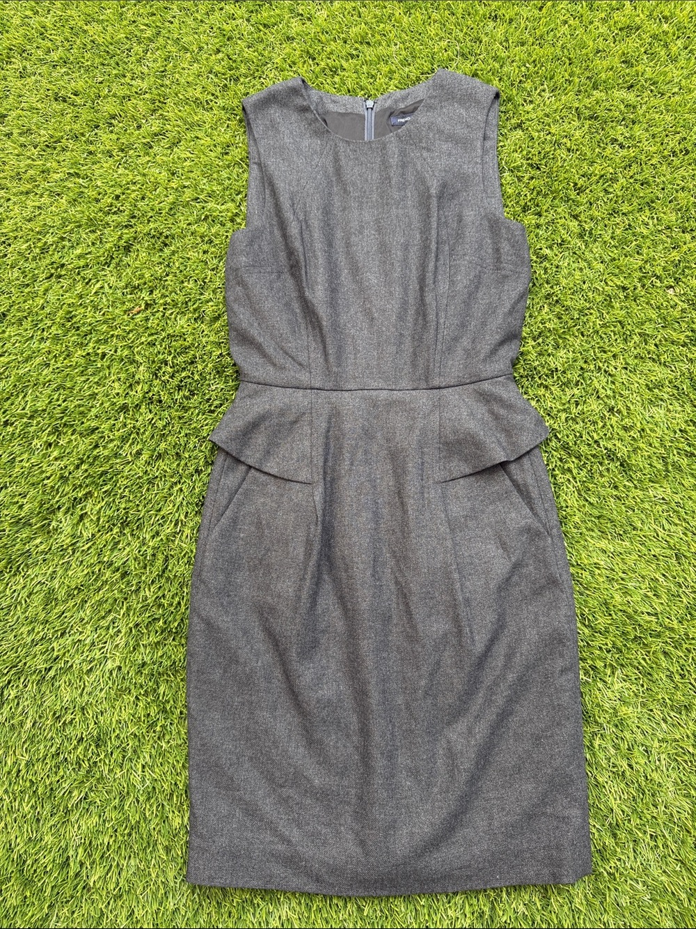 French Connection Apollo Wool Charcoal Sleeveless Peplum Fitted Sheath Dress
